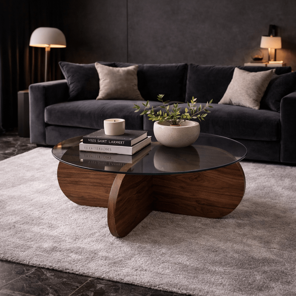 Table basse ronde en verre Aris - Piètement en mélamine noyer 