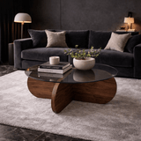 Table basse ronde en verre Aris - Piètement en mélamine noyer 