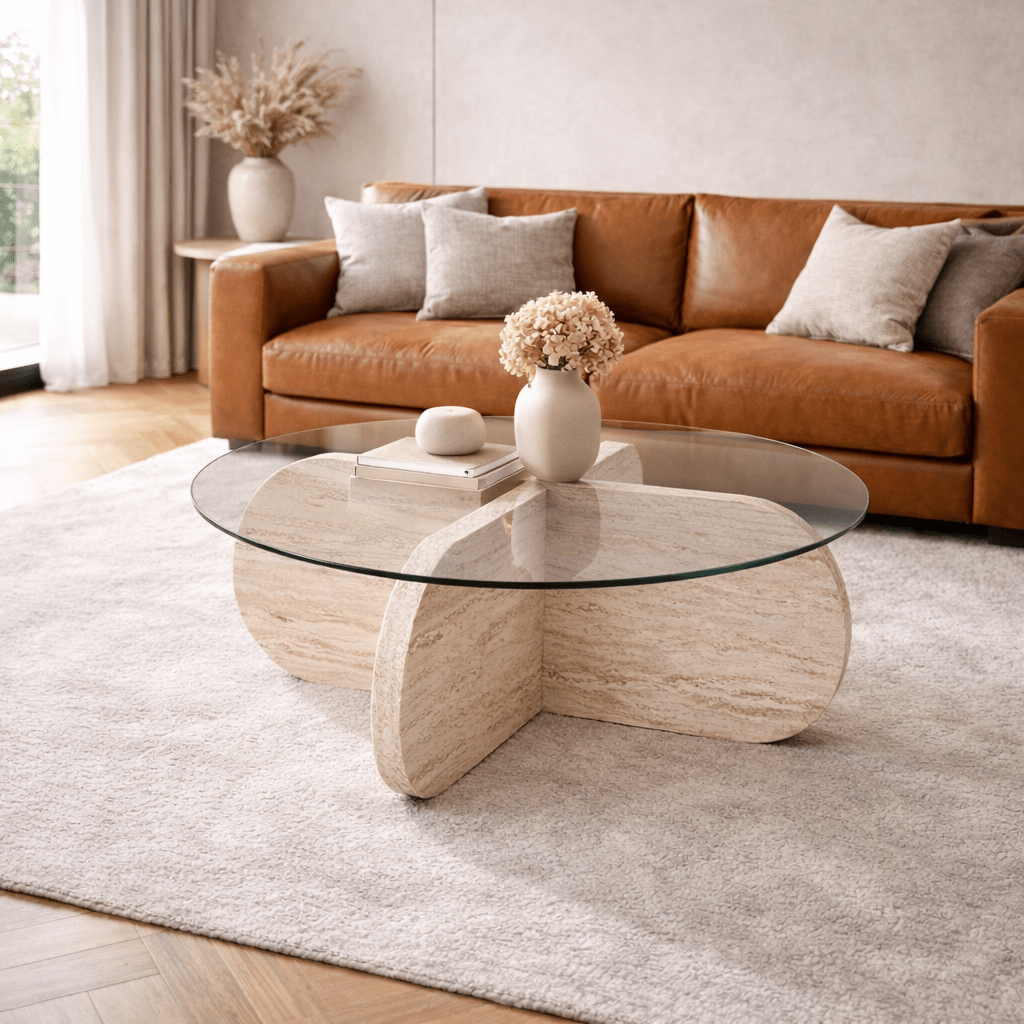 Table basse Aris ronde 75 cm en verre - Piètement en travertin 