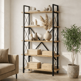 Boekenkasten - Industriële boekenkast dennenhout melamine Ely - zwart frame - 180x90 cm - Dimehouse