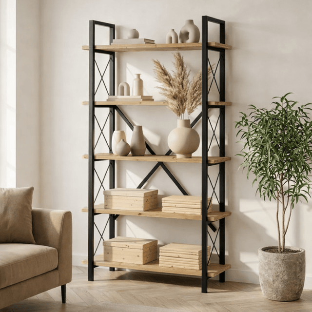 Boekenkasten - Industriële boekenkast dennenhout melamine Ely - zwart frame - 180x90 cm - Dimehouse