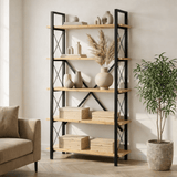 Bibliothèque industrielle chêne mélaminé Ely - structure noire - 180x90 cm