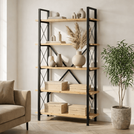 Boekenkasten - Industriële boekenkast eiken melamine Ely - zwart frame - 180x90 cm - Dimehouse