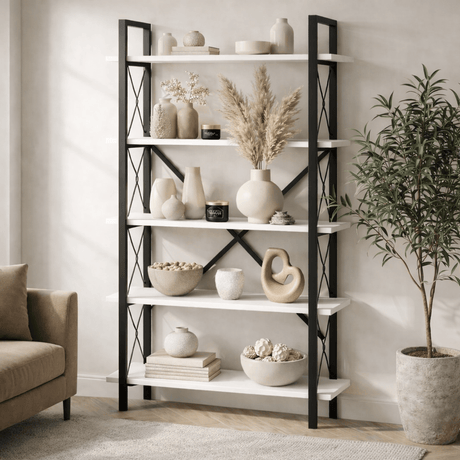 Boekenkasten - Industriële boekenkast wit melamine Ely - Zwart Frame - 180x90 cm - Dimehouse