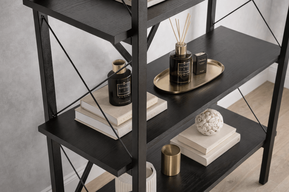 Boekenkasten - Industriële boekenkast zwart melamine Ely - Zwart Frame - 180x90 cm - Dimehouse