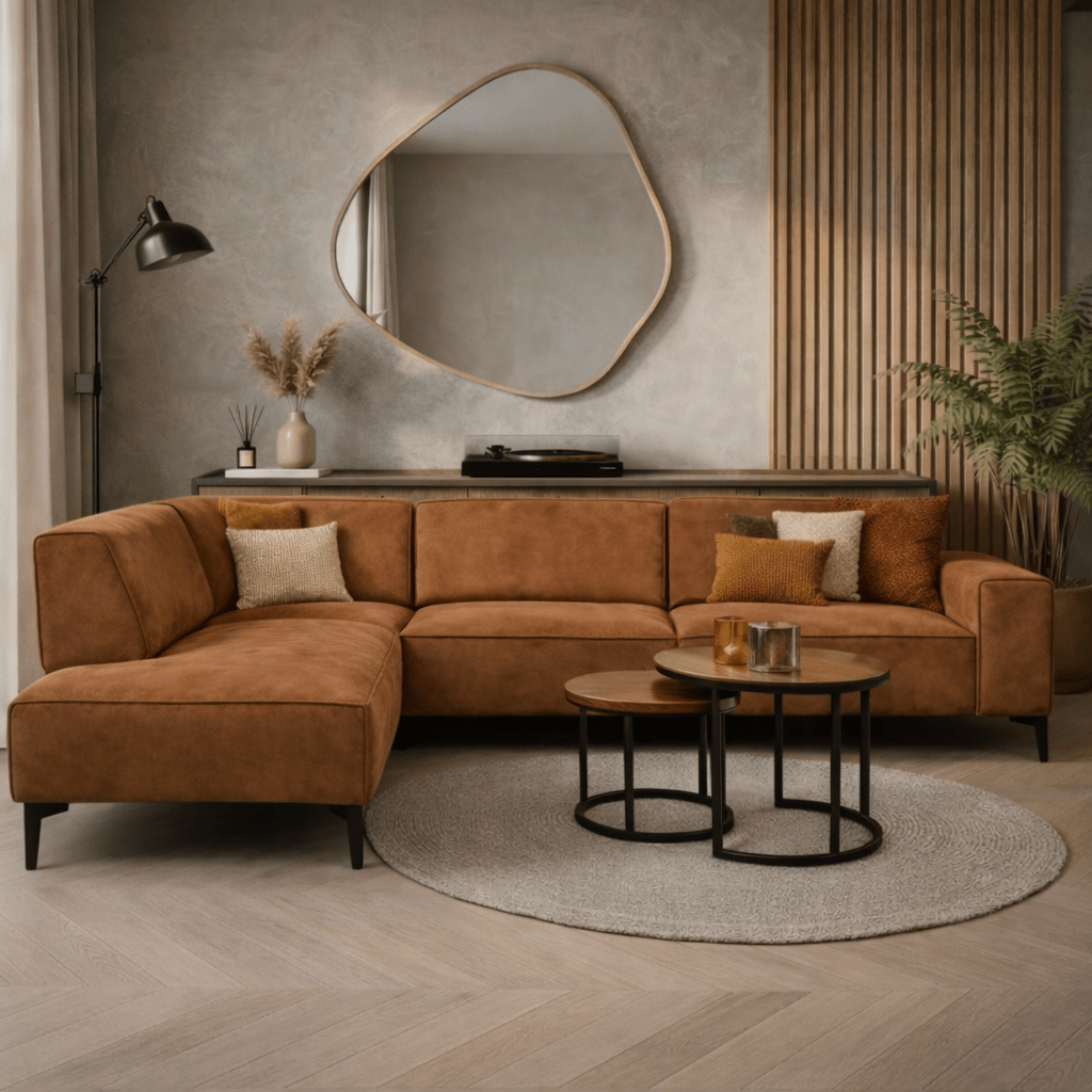 Canapé d'angle industriel en cuir écologique cognac Brisbane - gauche 