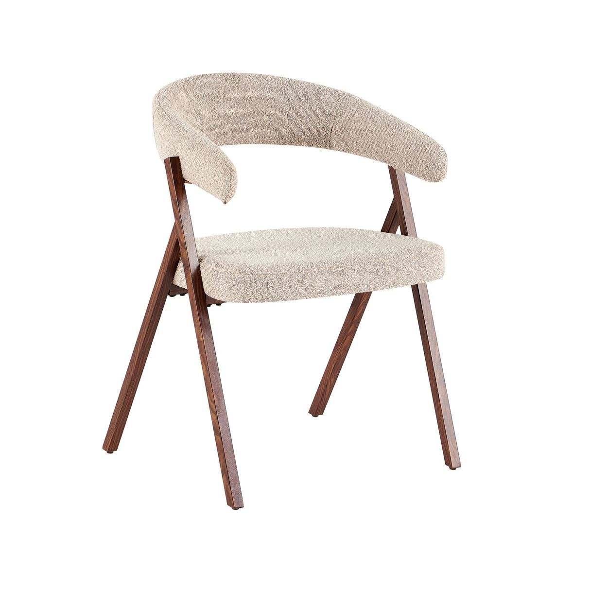 Eetkamerstoelen-Japandi eetkamerstoel zandkleur bouclé Miyu - walnoot frame - met armleuning-Dimehouse