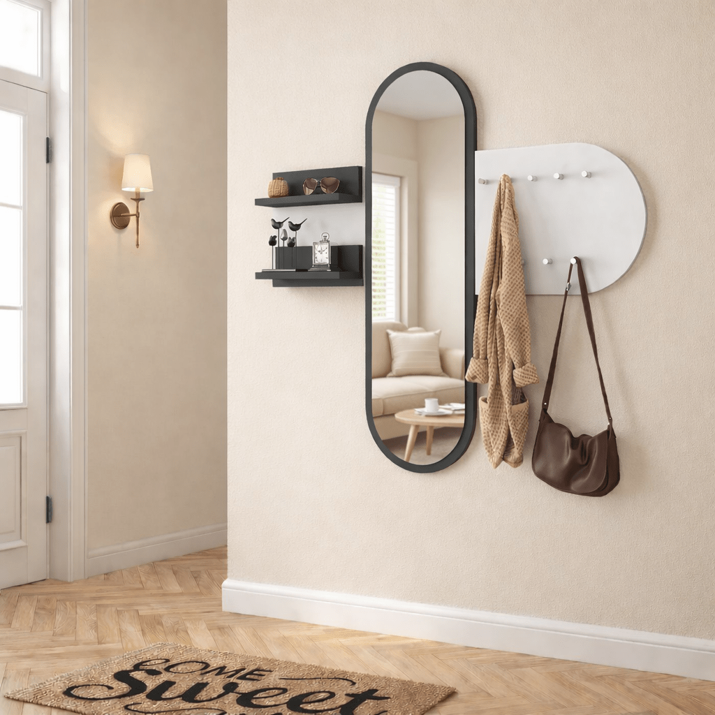 Porte-manteau Blanc Mélamine 9 Crochets - Avec Miroir - Deux Étagères 