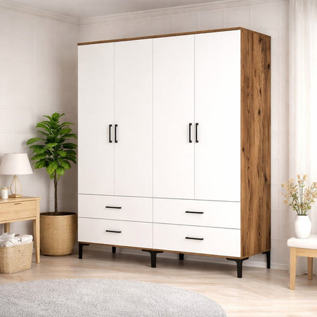 Armoire Noyer et Mélamine Blanche - à suspendre et à poser - 160x 200 x 47 cm - Kumsal