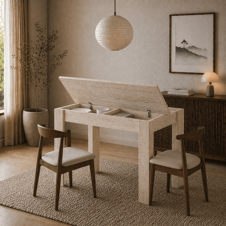 Eettafels - Kleine eettafel Travertin Melamine - 110 cm - met opbergruimte - Kara - Dimehouse