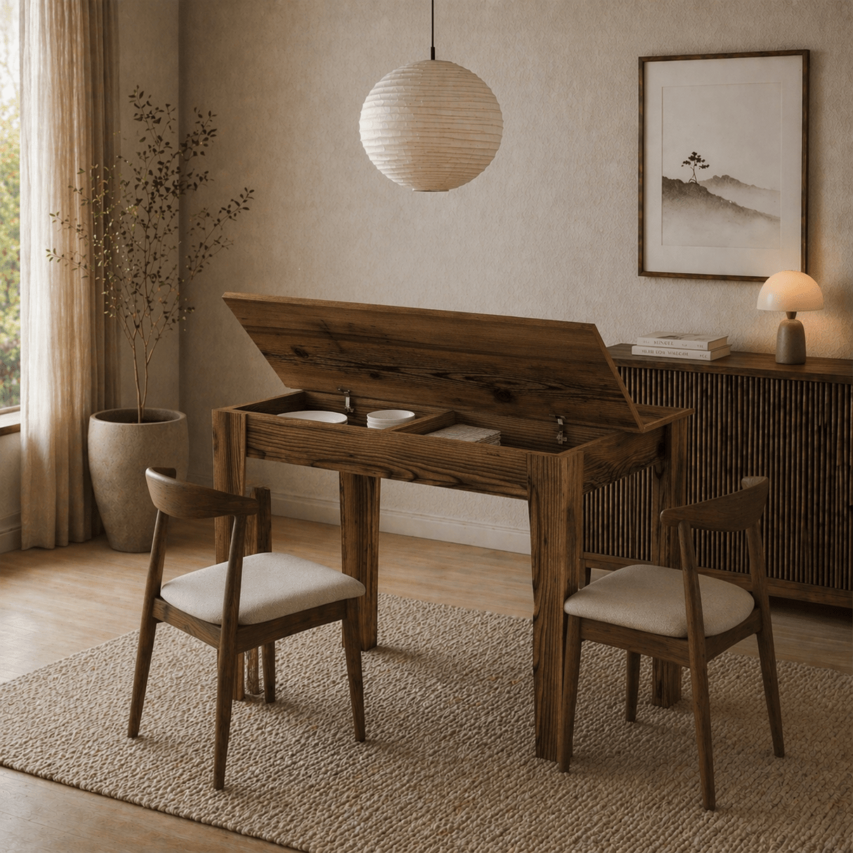 Petite table à manger noyer mélaminé – 110 cm – avec espace de rangement – Kara