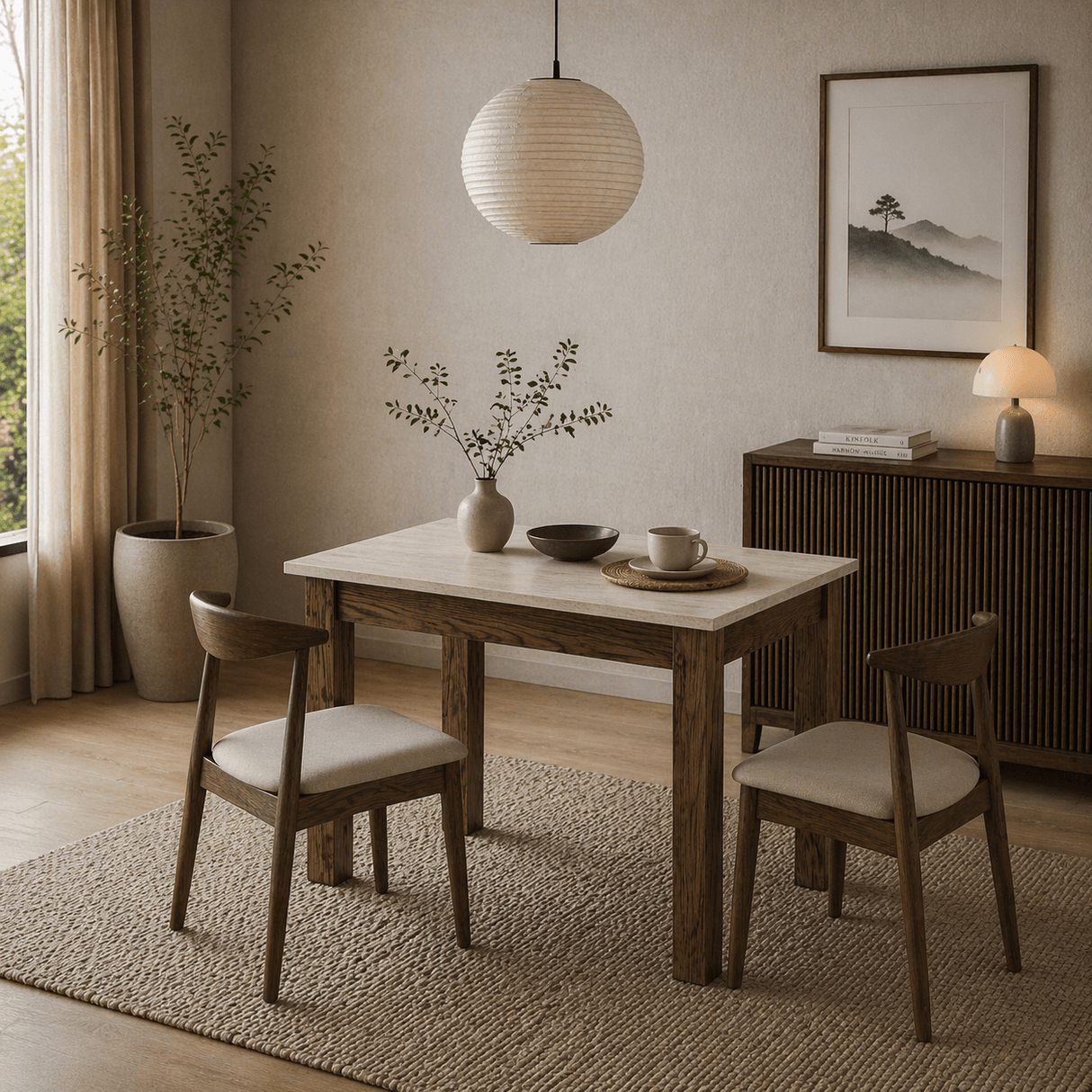 Petite table à manger noyer avec mélamine effet travertin – 110 cm – avec espace de rangement – Kara