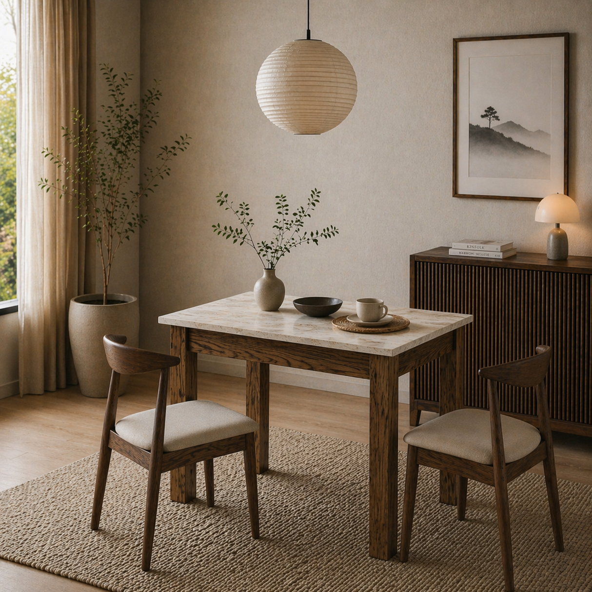 Petite table à manger noyer avec mélamine effet marbre – 110 cm – avec espace de rangement – Kara