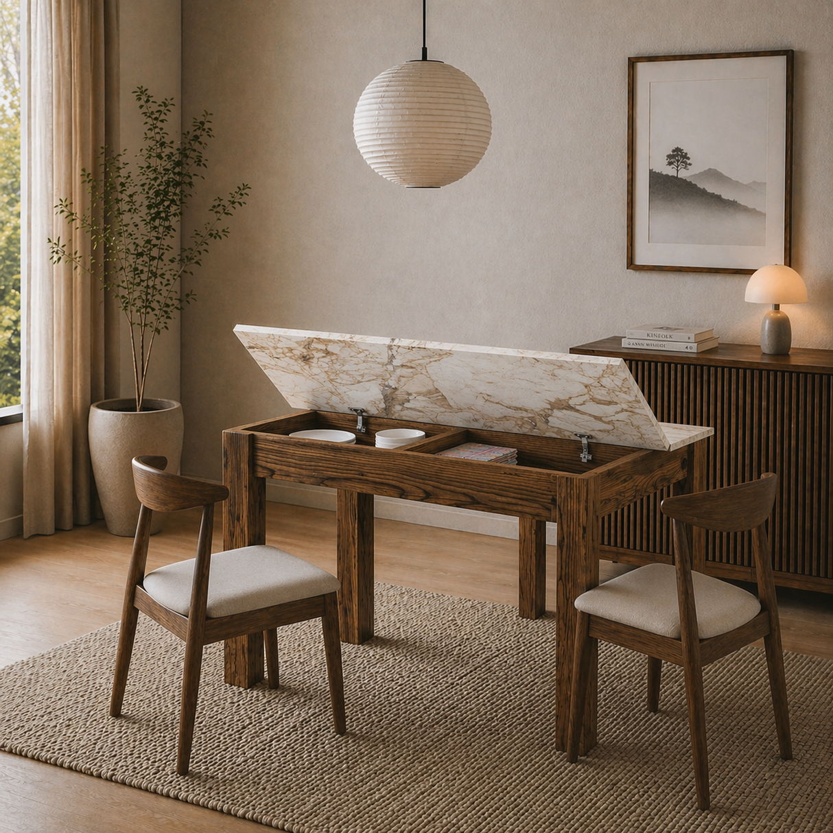 Petite table à manger noyer avec mélamine effet marbre – 110 cm – avec espace de rangement – Kara