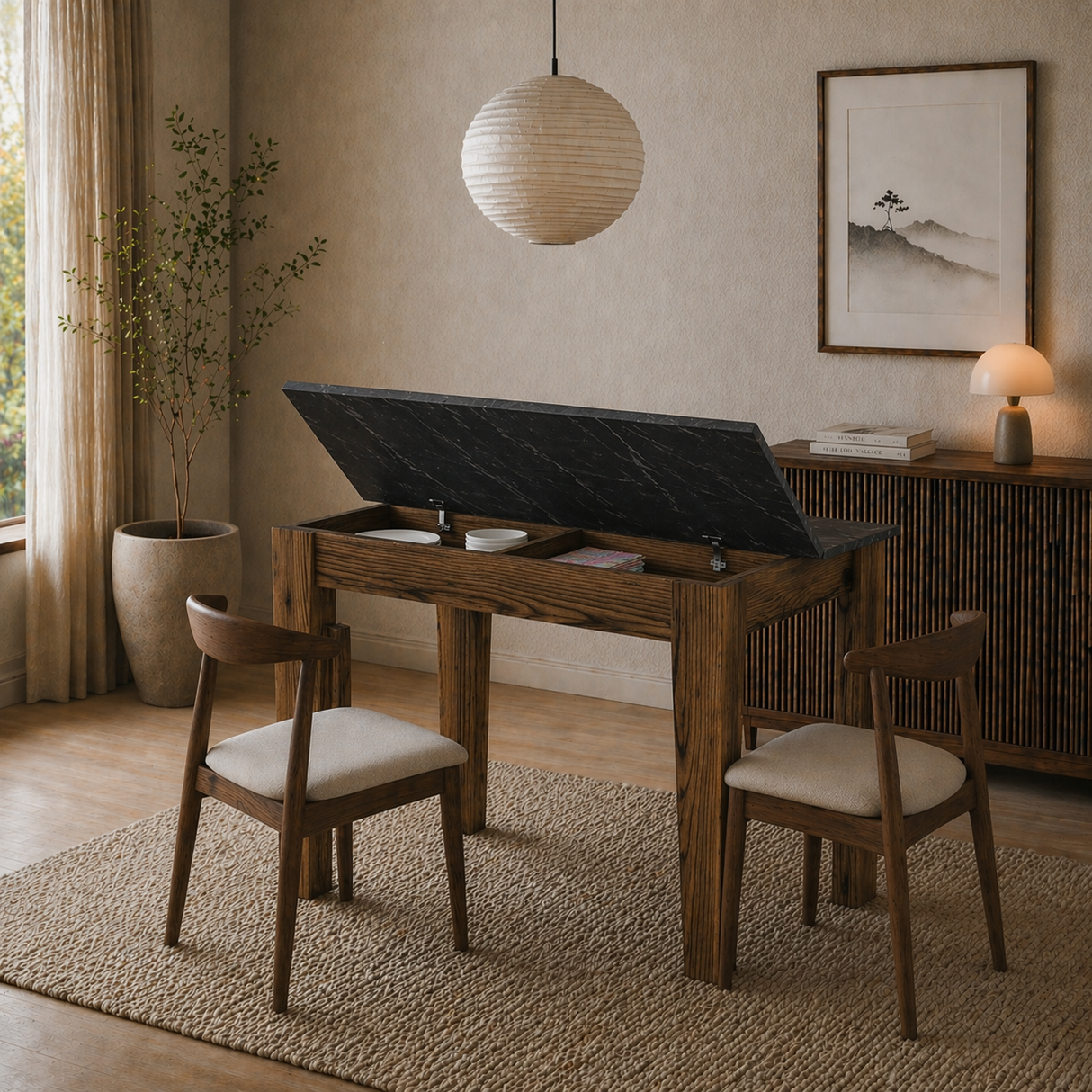 Petite table à manger noyer avec mélamine noire – 110 cm – avec espace de rangement – Kara