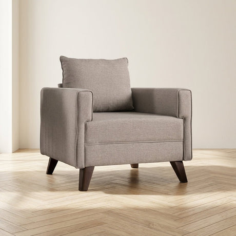 Landelijke fauteuil Beige melange geweven stof Bella sfeerfoto in modern interieur