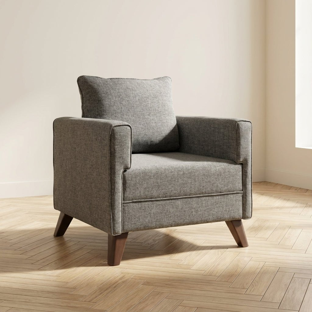 Landelijke fauteuil Grijs melange geweven stof Bella sfeerfoto in modern interieur