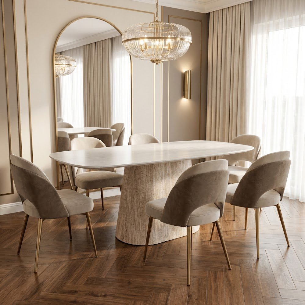 Table à manger en travertin aspect marbre en pierre frittée Lea 180x90 cm - Ovale danois
