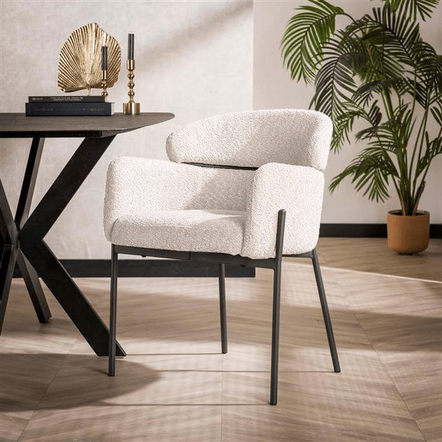Chaises de salle à manger Lola tissu bouclé crème blanc avec dossier rond 