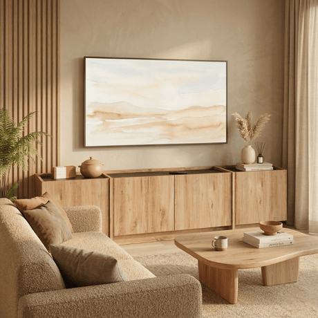 Meuble TV Japandi mélaminé aspect chêne anthracite Lowen 180 cm
