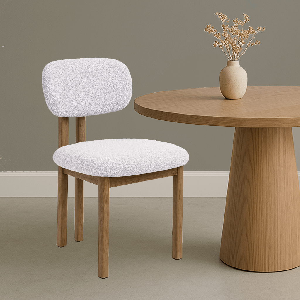 Chaise de salle à manger Japandi Miyo Bouclé Ivoire - Cadre en chêne 