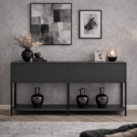 Commode moderne anthracite Lord 150x30x80 - Cadre noir - Deux compartiments