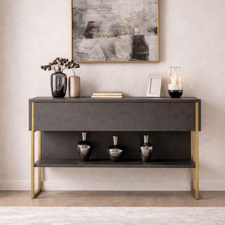 Buffet Moderne Anthracite Luxe 120x80x30 - Cadre Doré - Un Compartiment 