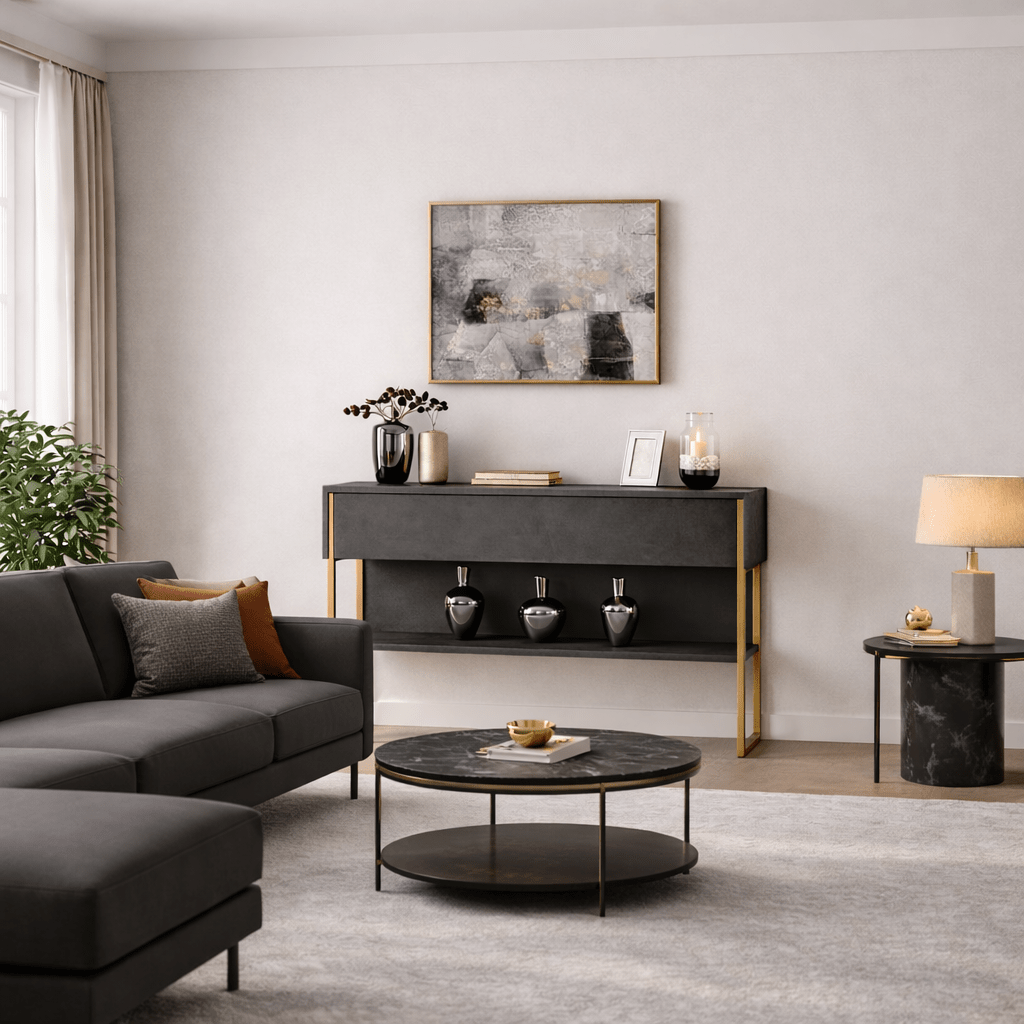 Dressoirs - Modern Dressoir Antraciet Luxe 120x80x30 - Gouden Frame - Eén Vak - Dimehouse