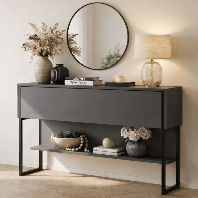 Dressoirs - Modern Dressoir Antraciet Luxe 120x80x30 - Zwart Frame - Eén Vak - Dimehouse