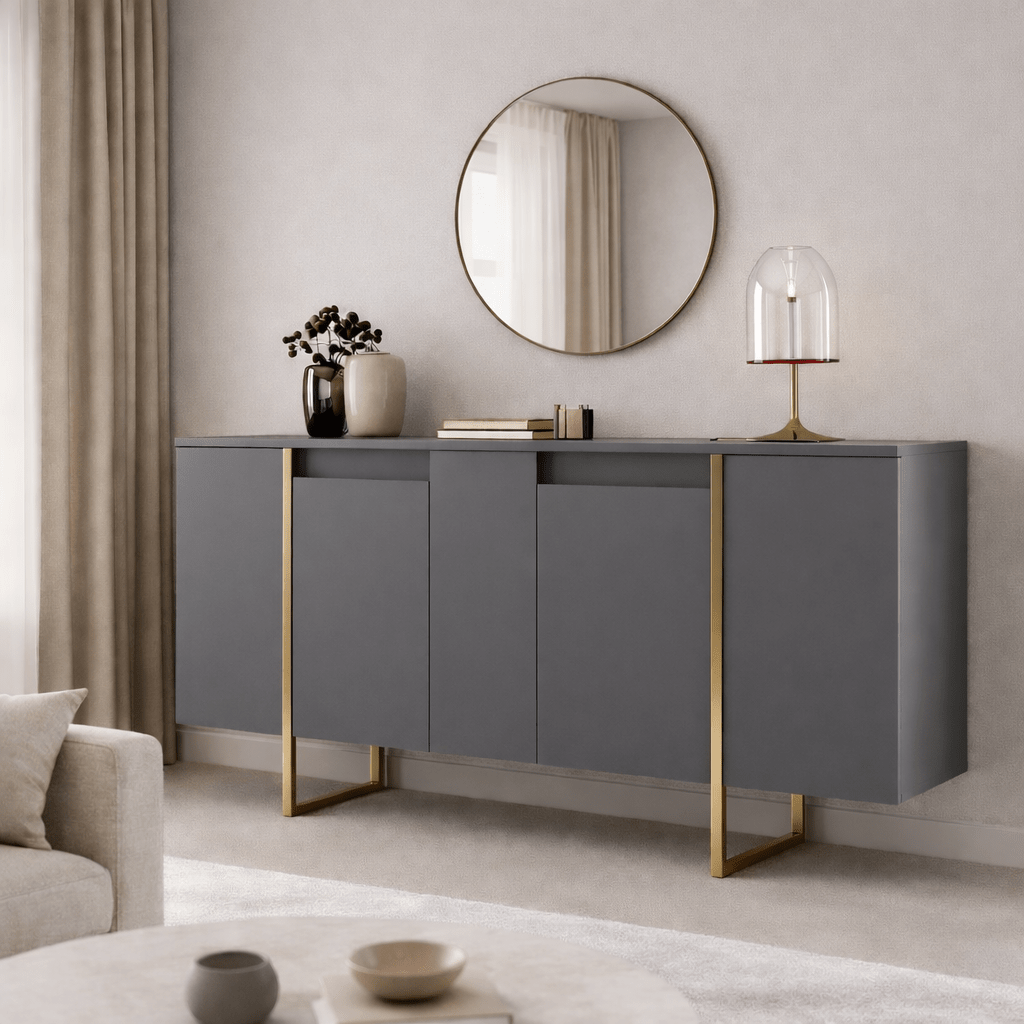 Buffet Moderne Anthracite Luxe 160x80x35 - Cadre Doré 