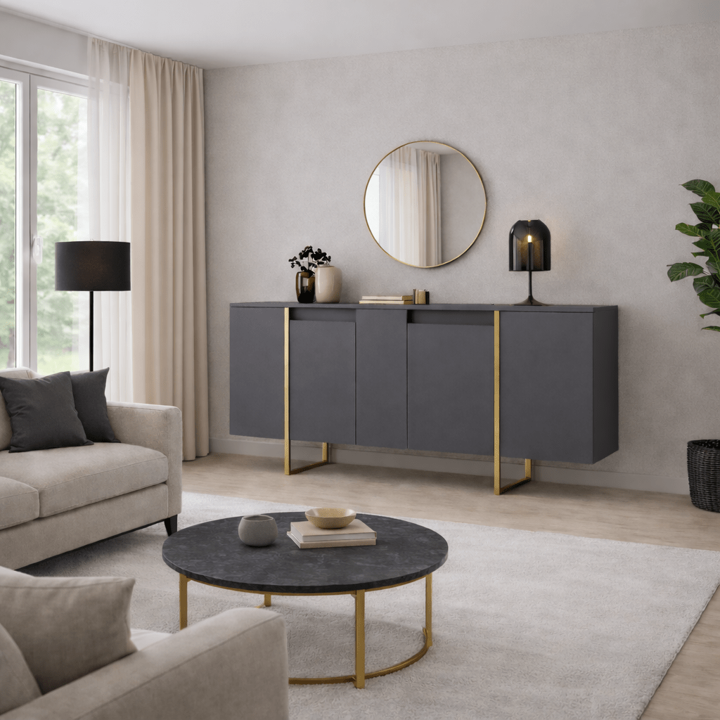 Buffet Moderne Anthracite Luxe 160x80x35 - Cadre Doré 