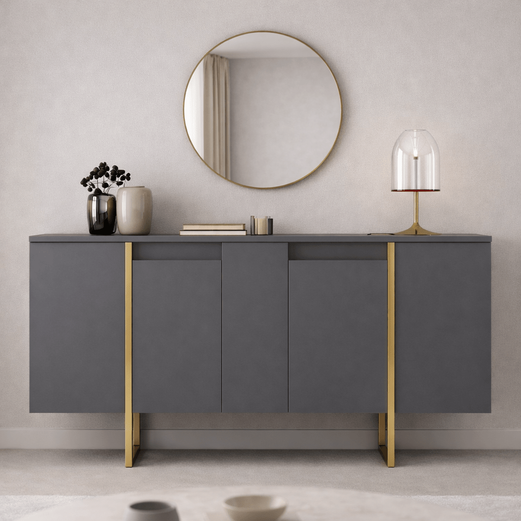 Buffet Moderne Anthracite Luxe 160x80x35 - Cadre Doré 