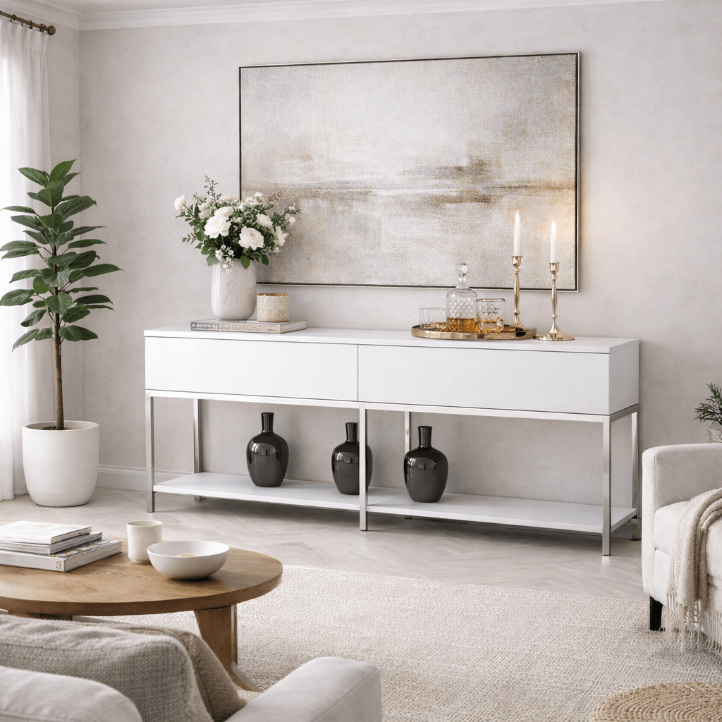 Commode moderne White Lord 150x30x80 - Cadre argenté - Deux compartiments