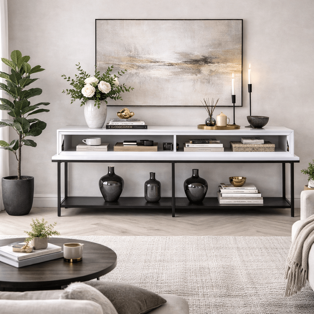 Commode moderne White Lord 150x30x80 - Cadre noir - Deux compartiments