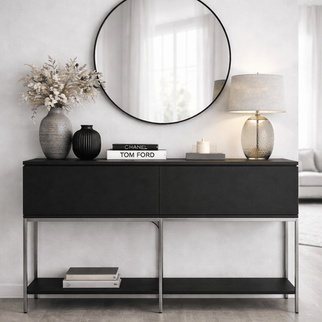 Commode moderne Black Lord 150x30x80 - Cadre argenté - Deux compartiments
