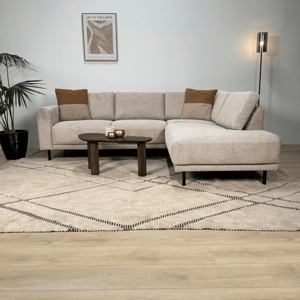 Canapé d'angle moderne 3 places droit beige en tissu Aniko avec chaise longue 240x197x78 cm 