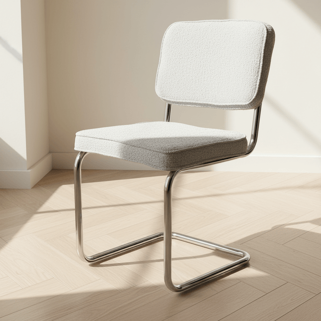 Moderne Eetkamerstoel Grijs Bouclé Stof Sway - Chrome Frame - Zonder Armleuningen