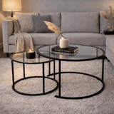 Ensemble de Tables Basses Rondes Modernes de 2 Uru Noir - Verre Transparent - 80/60 cm 