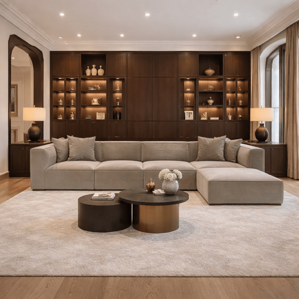 Canapé d'angle XXL modulaire cappuccino en lin 430 cm Sora