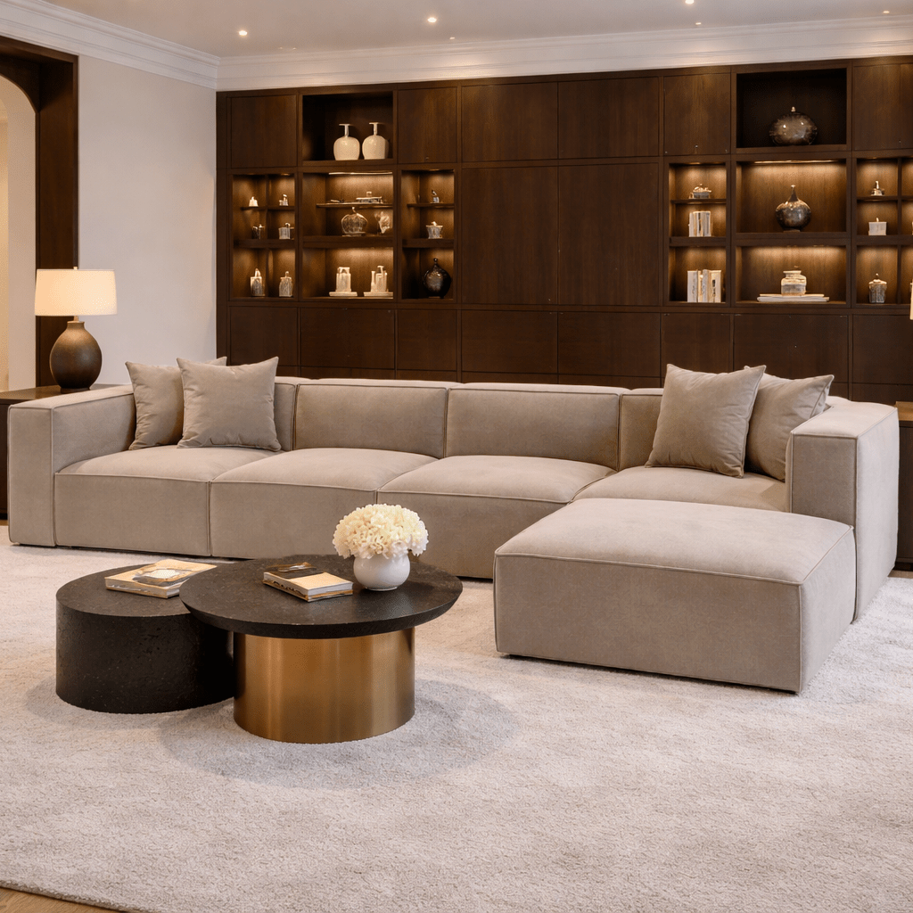 Canapé d'angle XXL modulaire cappuccino en lin 430 cm Sora