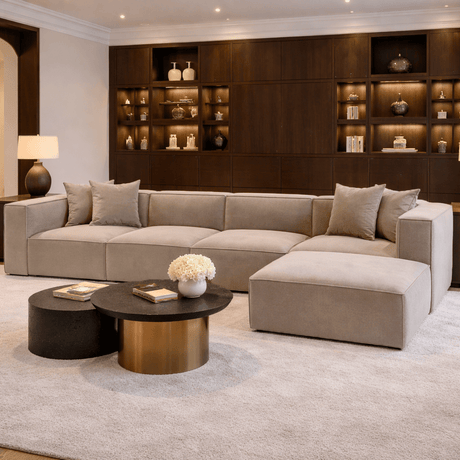 Canapé d'angle XXL modulaire cappuccino en lin 430 cm Sora