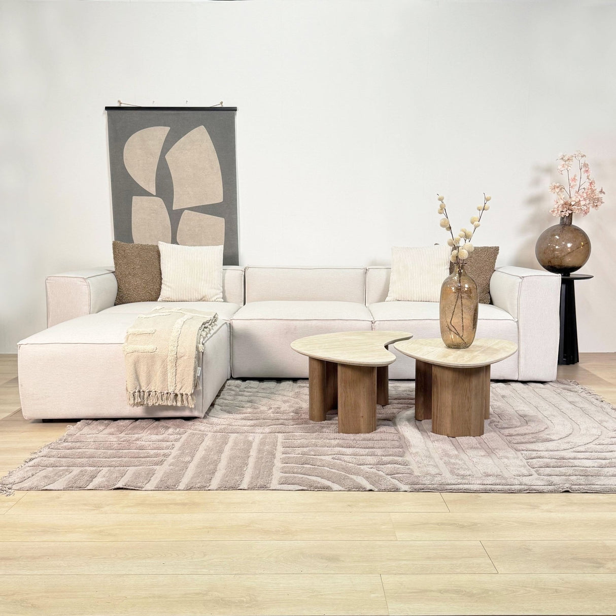 Canapé d'angle modulaire avec pouf détachable en tissu de lin beige écru Fora - gauche 