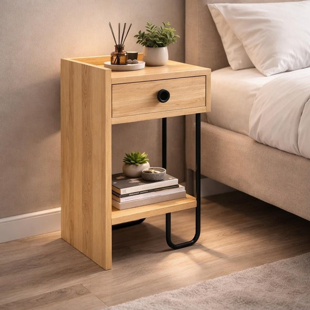 Nachtkastjes - Nachtkastje Sirius Left Eik Melamine 32x61x30 cm - Dimehouse