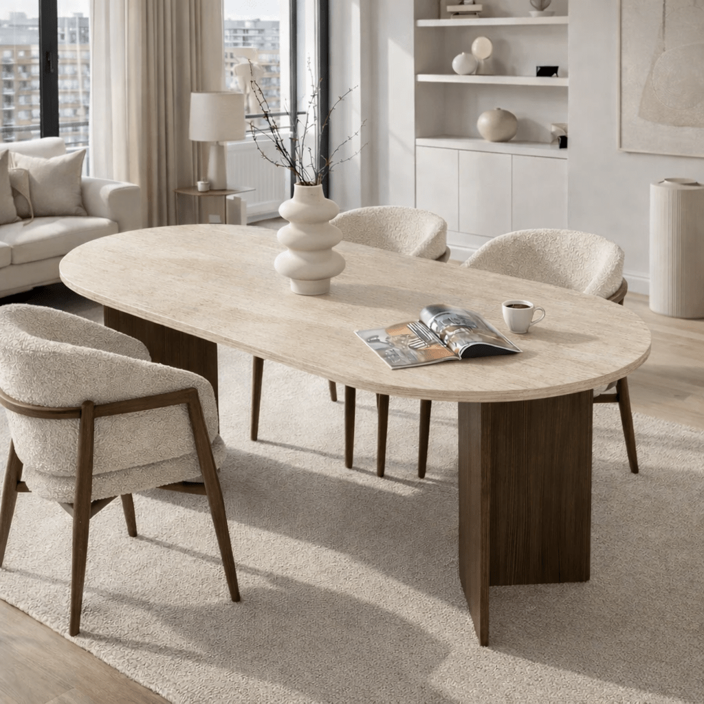 Table à manger ovale plateau travertin - mélamine noyer - 180x89,5x75 cm - Sota