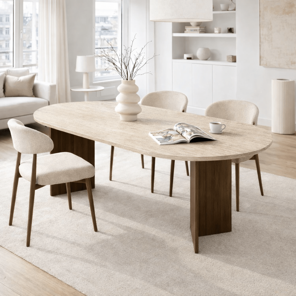 Table à manger ovale plateau travertin - mélamine noyer - 180x89,5x75 cm - Sota