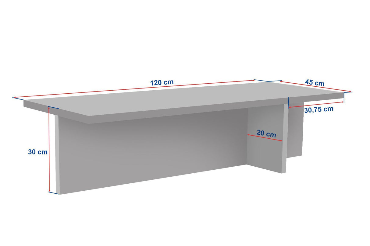 witfoto met afmeting van rechthoekige salontafel travertinlook tafelblad met walnoot look frame