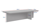 witfoto met afmeting van rechthoekige salontafel travertinlook tafelblad met walnoot look frame