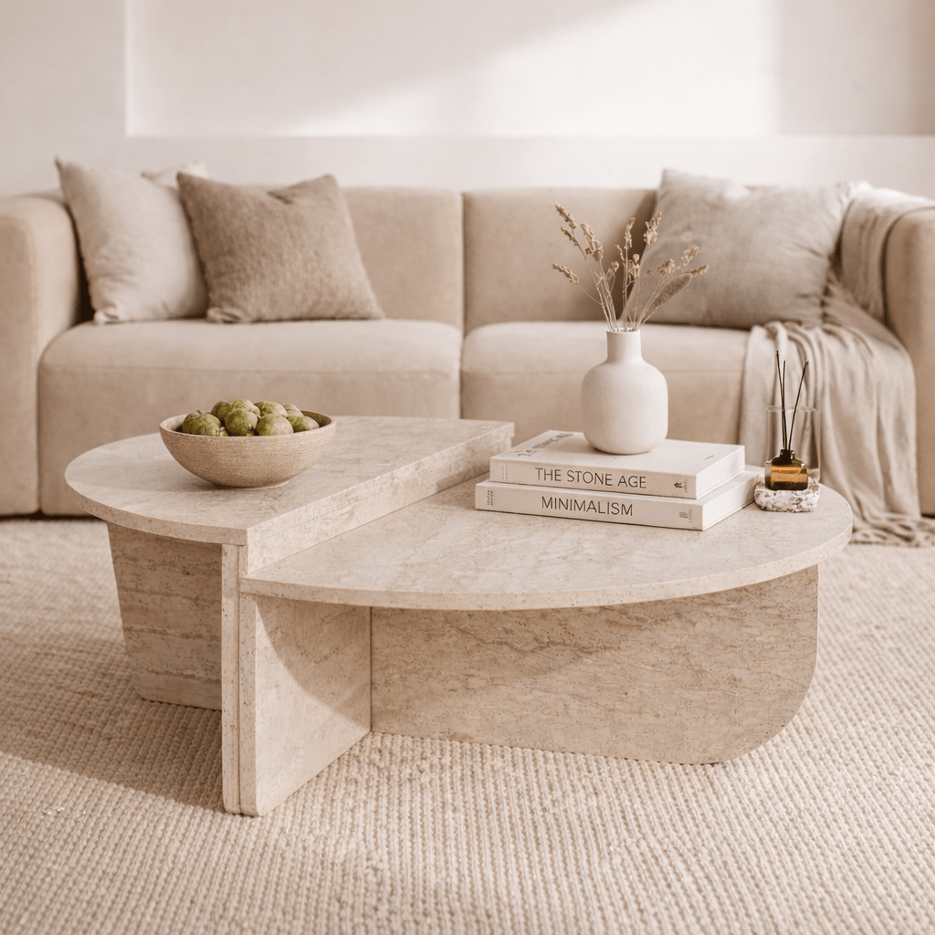 Table basse ronde travertin mélamine Orin 85 cm