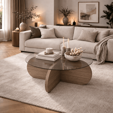 Table basse ronde Aris noyer mélaminé et verre transparent 75 cm
