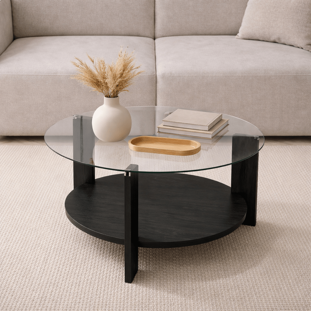 Table basse ronde Cairo Ø75 cm en bois noir - Verre fumé 75x75 cm 